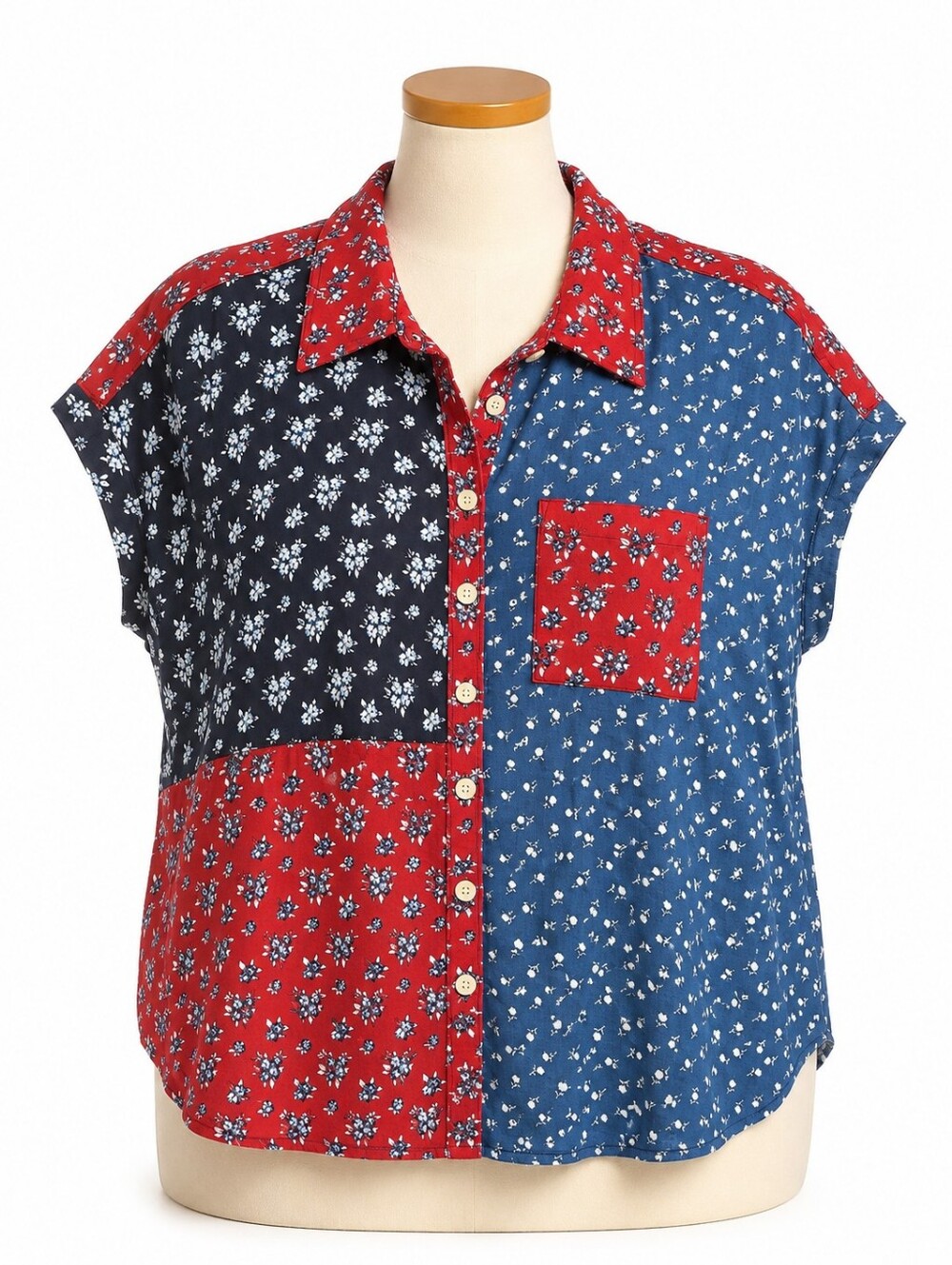 Style & Co Women's Patchwork Floral Button Up Sleeveless Top 1X Patriotic Casual